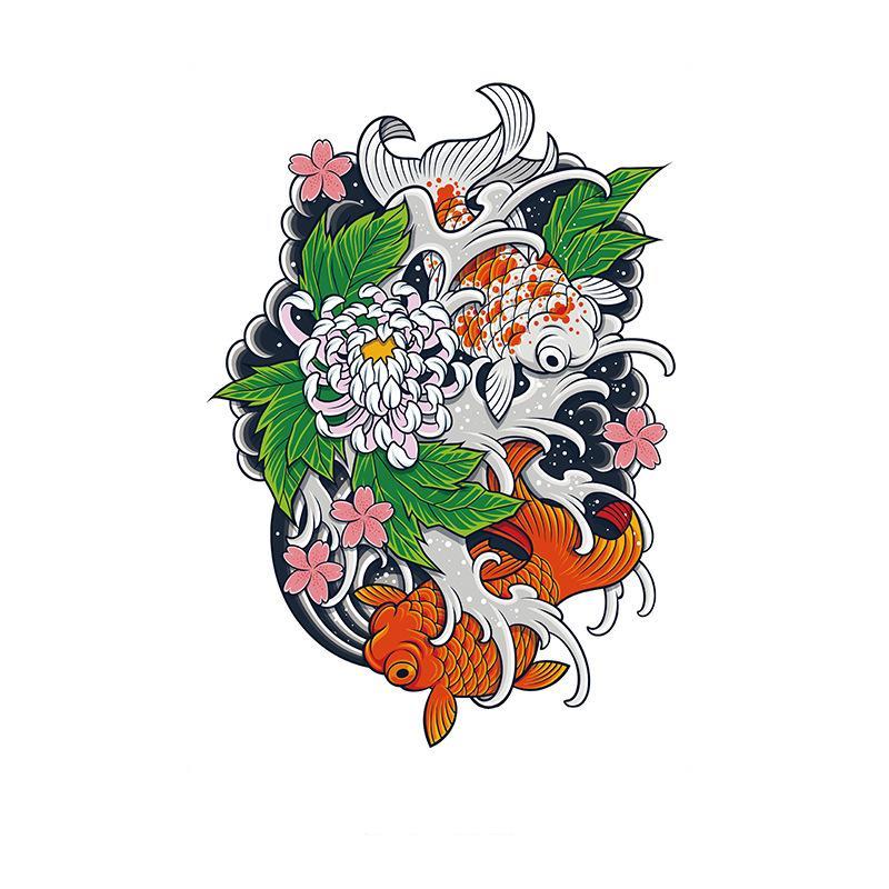 Koi & Chrysanthemum in Waves