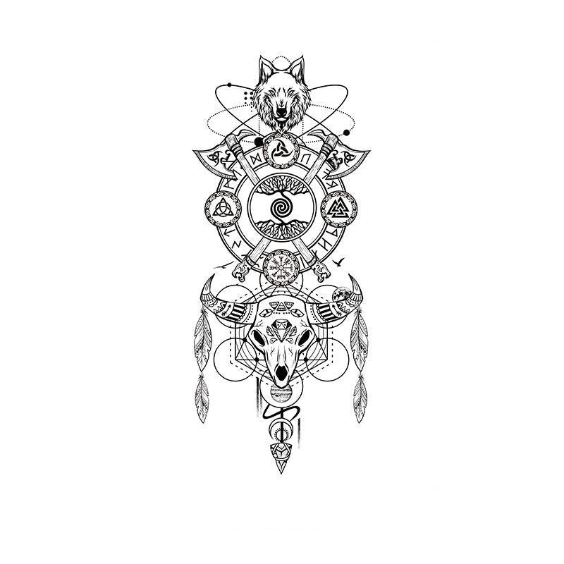 Wolf, Axes & Norse Symbols