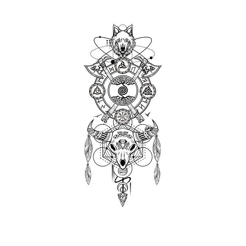 Wolf, Axes & Norse Symbols