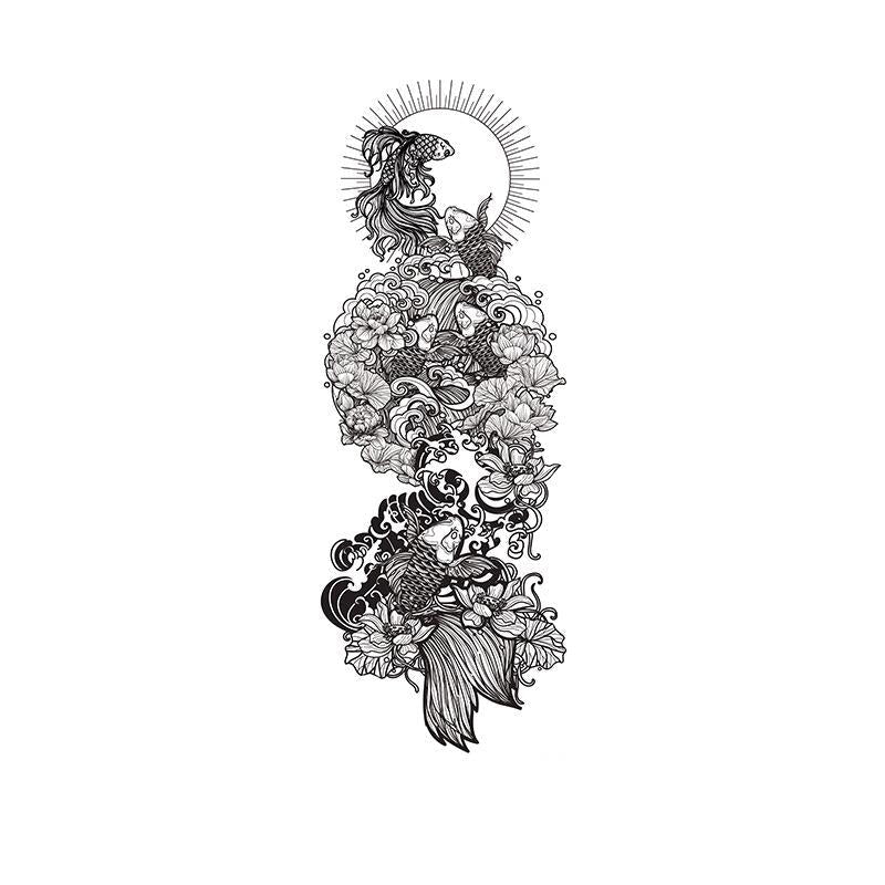 Koi Fish in Waves & Flowers