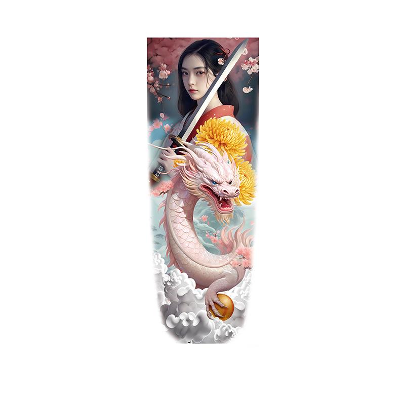 Swordswoman with White Dragon & Chrysanthemums